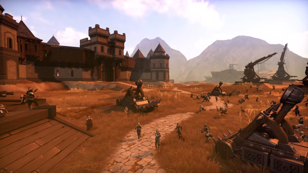 Crowfall gameplay: soldiers on battlefield heading toward a castle.